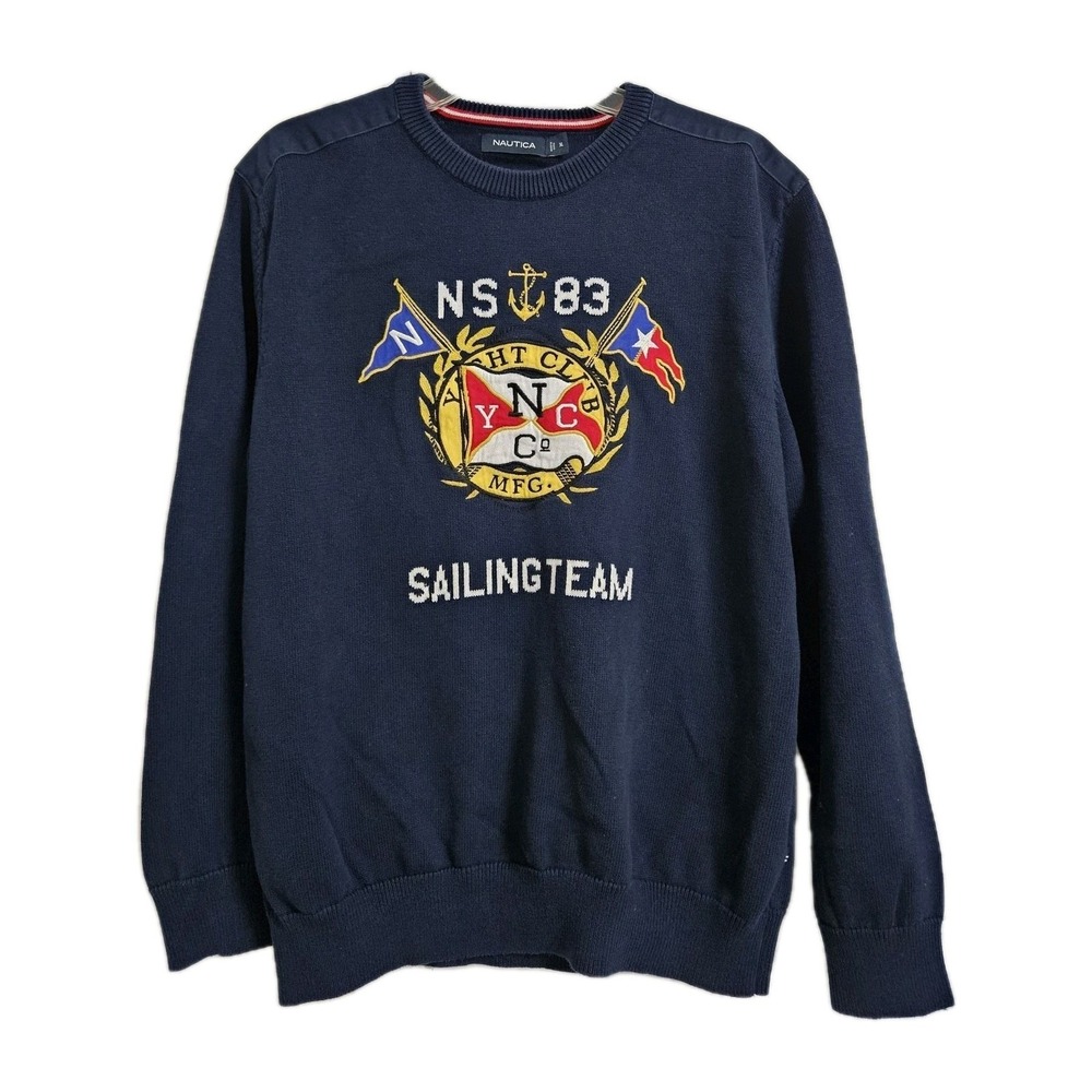 Nautica Sweater Mens XL Navy Sailing Team Yacht Club Graphic Cotton Crewneck